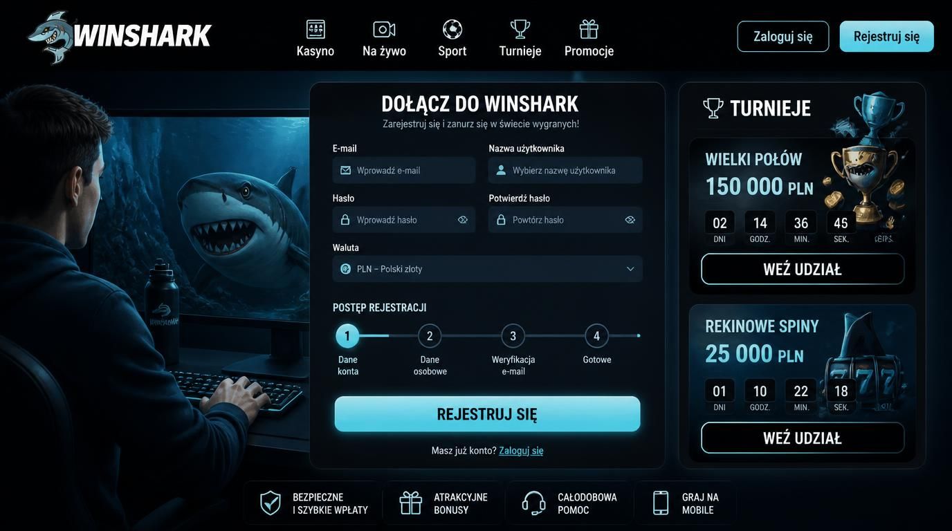 formularz rejestracji z paskiem postępu i motywem turnieju